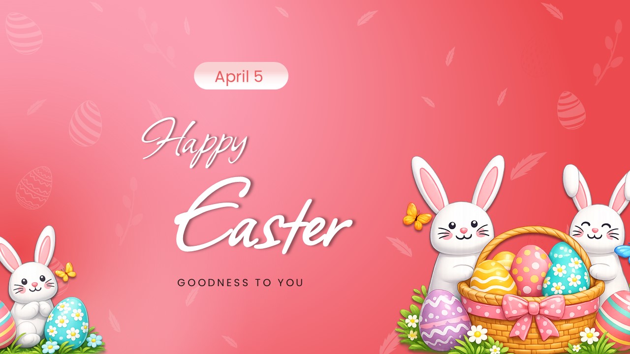 Soft coral background featuring a cartoon bunny holding a basket of eggs with Happy Easter text.