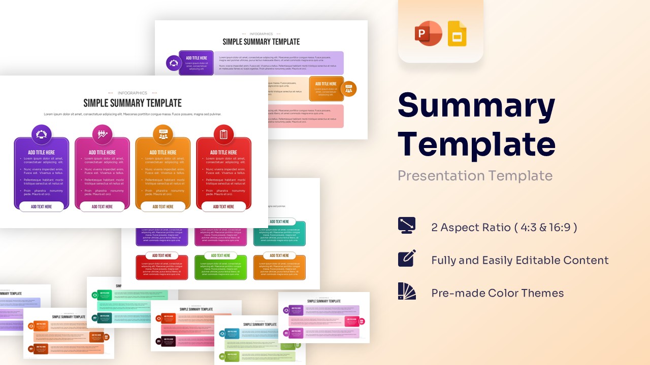 Main featured image showing a collection of summary infographic slides with colorful cards and icons.