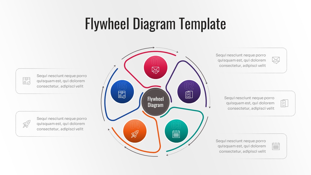 A five-part abstract flow flywheel with rounded triangular segments in red, purple, teal, orange, and blue surrounded by thin circular motion arrows.