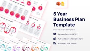 Main slide featuring a horizontal 5-year business timeline with pink circular nodes and editable text descriptions