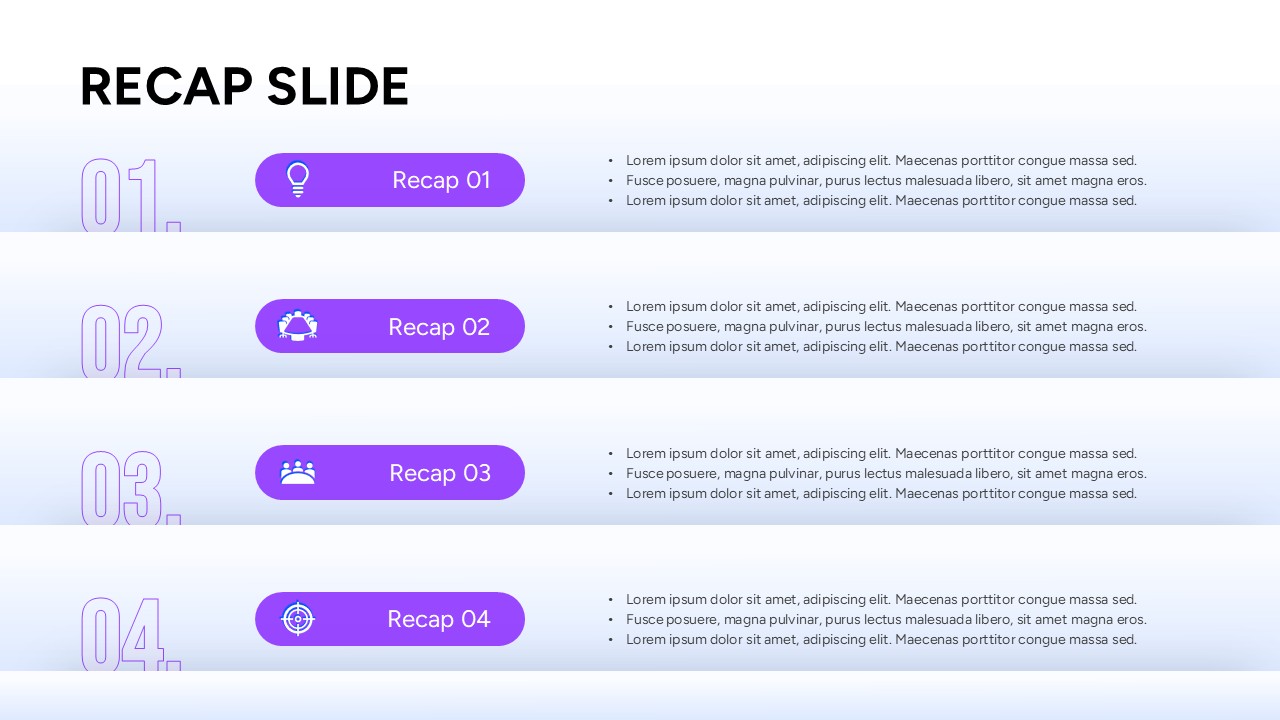 Four-point meeting summary layout with purple text boxes, icons, and concise description fields.