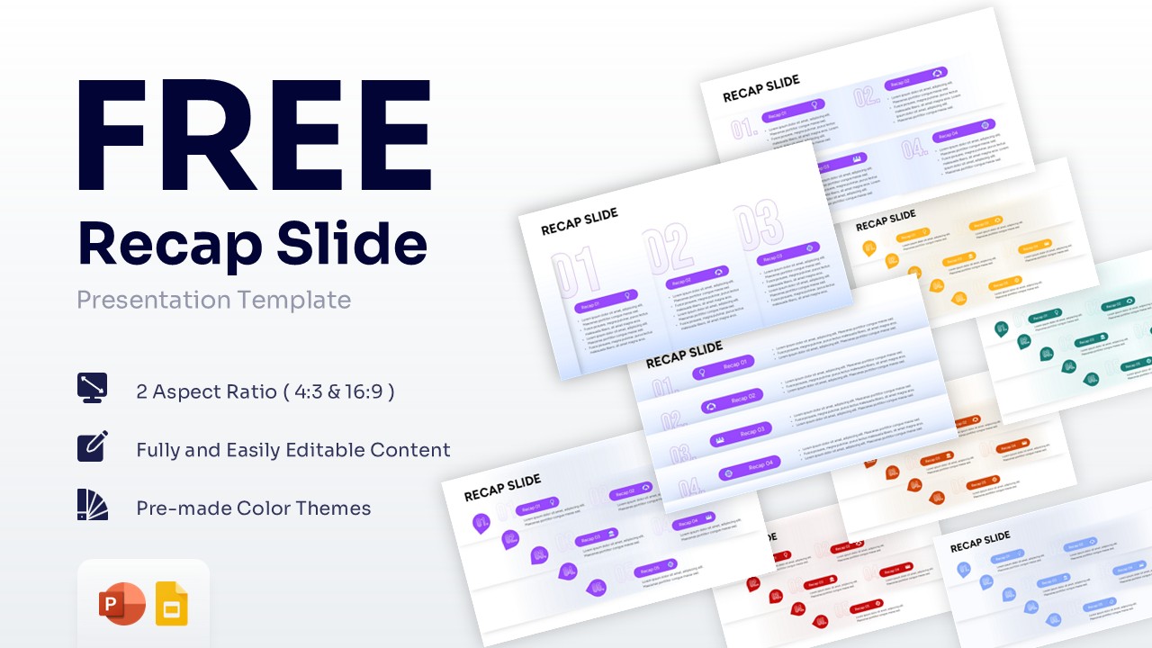 Overview of free recap slide template with multiple numbered layouts and purple color themes for presentation summaries.