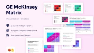 A collection of GE McKinsey Matrix slides showing different 9-box layouts and color themes.