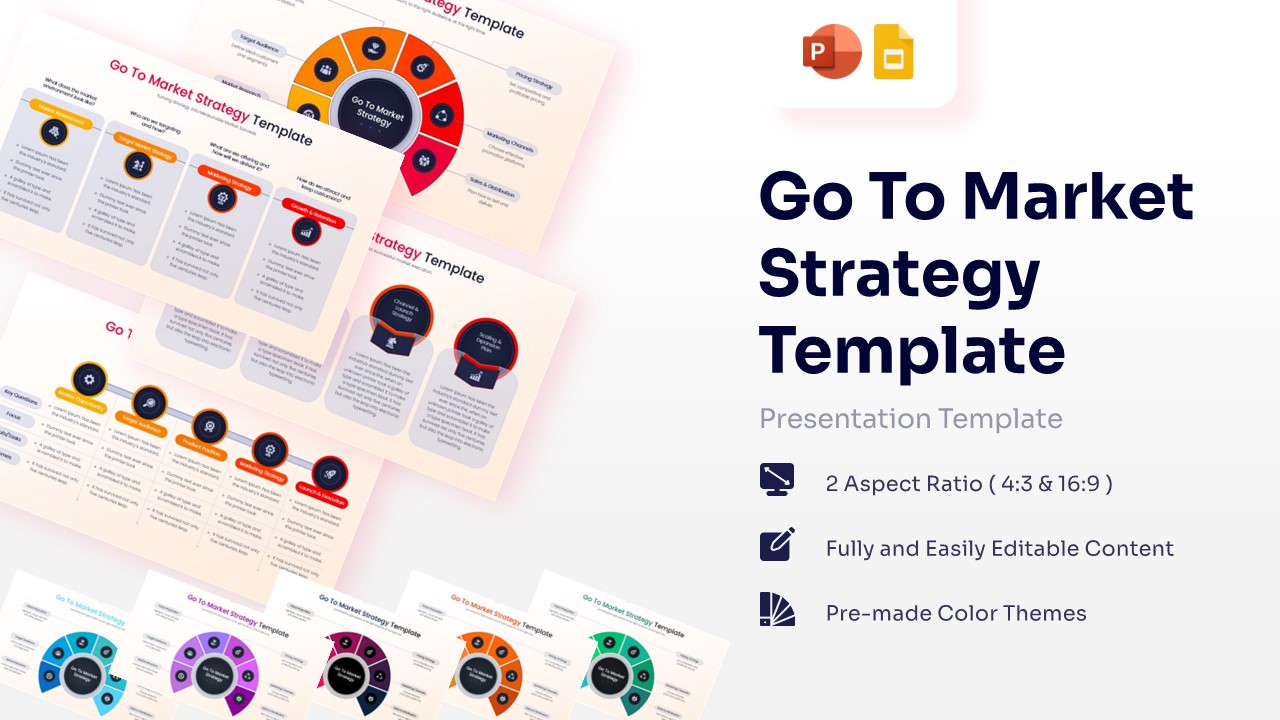 A collection of Go To Market Strategy template slides for PowerPoint and Google Slides featuring circular diagrams, roadmaps, and multi-color professional layouts.