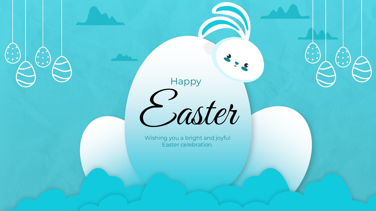 Minimalist light blue slide featuring a white Easter egg and an adorable bunny silhouette