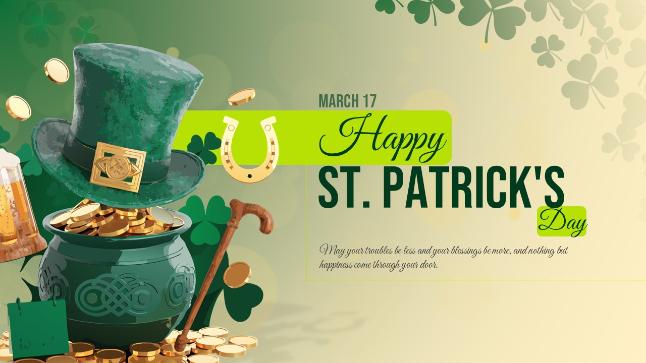 Minimalist holiday background layout with a pot of gold and subtle shamrock patterns for professional use
