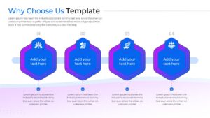 Horizontal four-step hexagonal Why Choose Us infographic for showing company benefits and core values.
