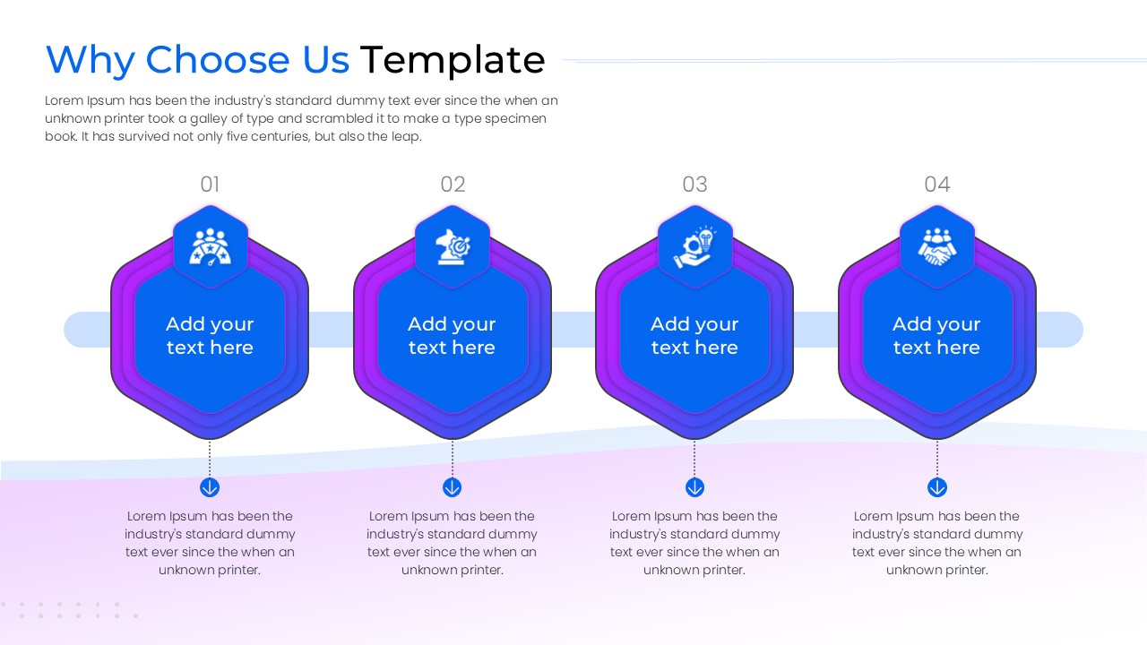 Horizontal four-step hexagonal Why Choose Us infographic for showing company benefits and core values.