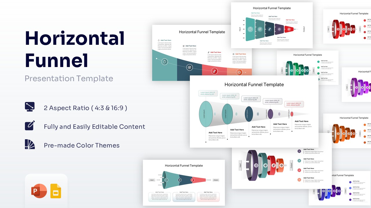 Featured image showing a collection of horizontal funnel diagram slides in various colors and 3D styles.