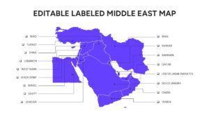 Magenta-themed Middle East map presentation slide with numbered list points and a large bold currency figure for economic reporting.