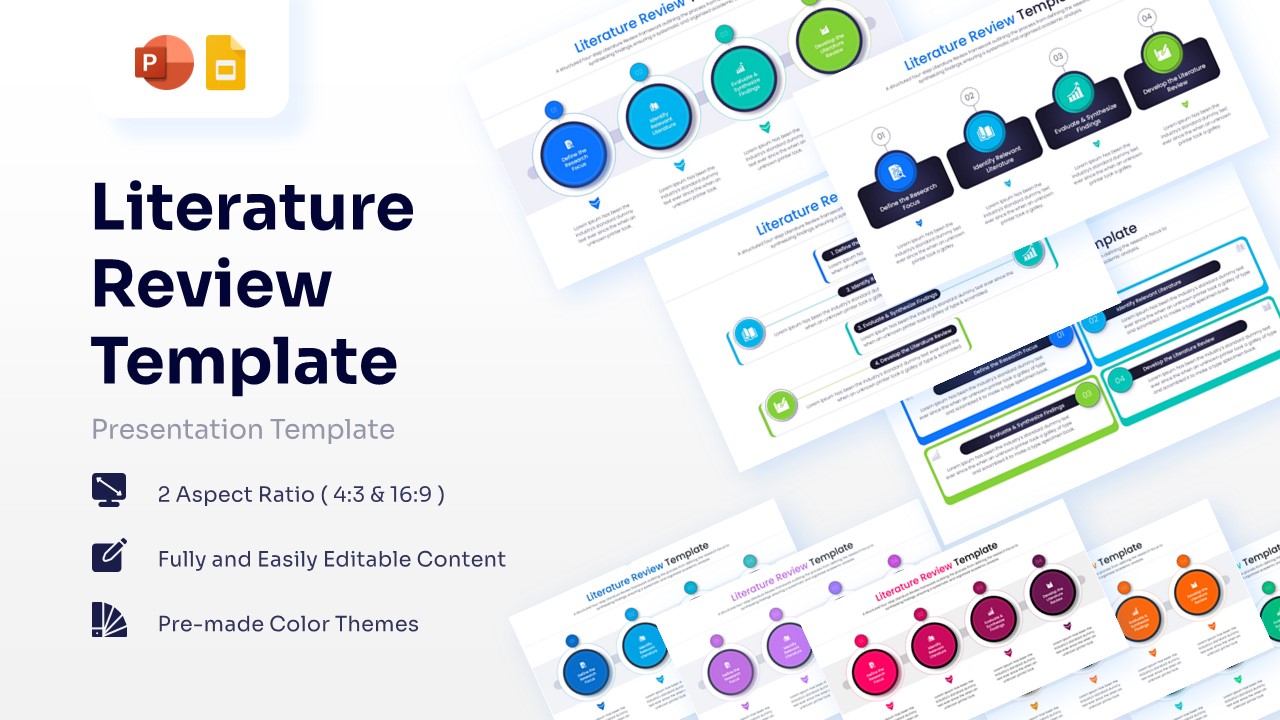 A collection of literature review slides showing various layouts including circular nodes and rectangular text boxes in multiple colors.