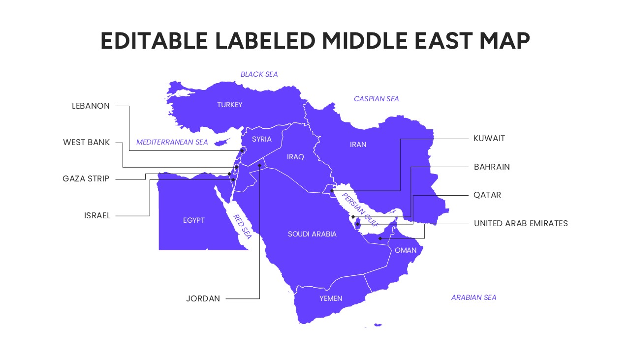 Editable labeled Middle East map with thin line pointers identifying countries including Turkey, Iran, Saudi Arabia, Egypt, and Iraq on a solid blue background