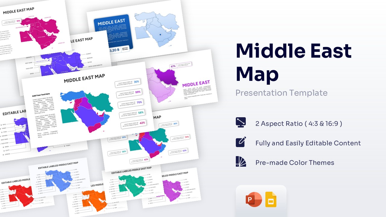 A professional collection of Middle East map slides for PowerPoint and Google Slides featuring various color themes, labeled country borders, and data-driven infographic layouts.