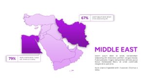 Two-country highlight map slide focusing on Iran and Egypt in dark purple against a light pink regional silhouette with percentage callout boxes.