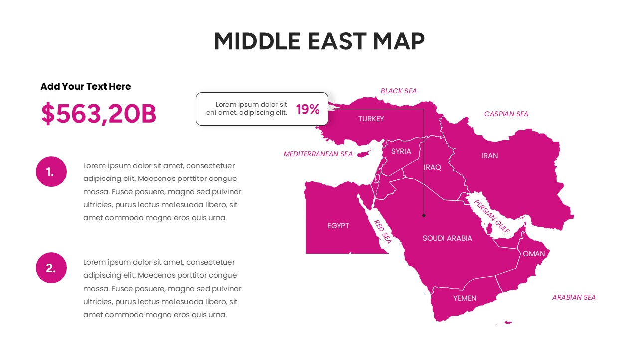 Geographic Middle East map template highlighting major bodies of water such as the Red Sea, Persian Gulf, Mediterranean Sea, and Caspian Sea with country labels.