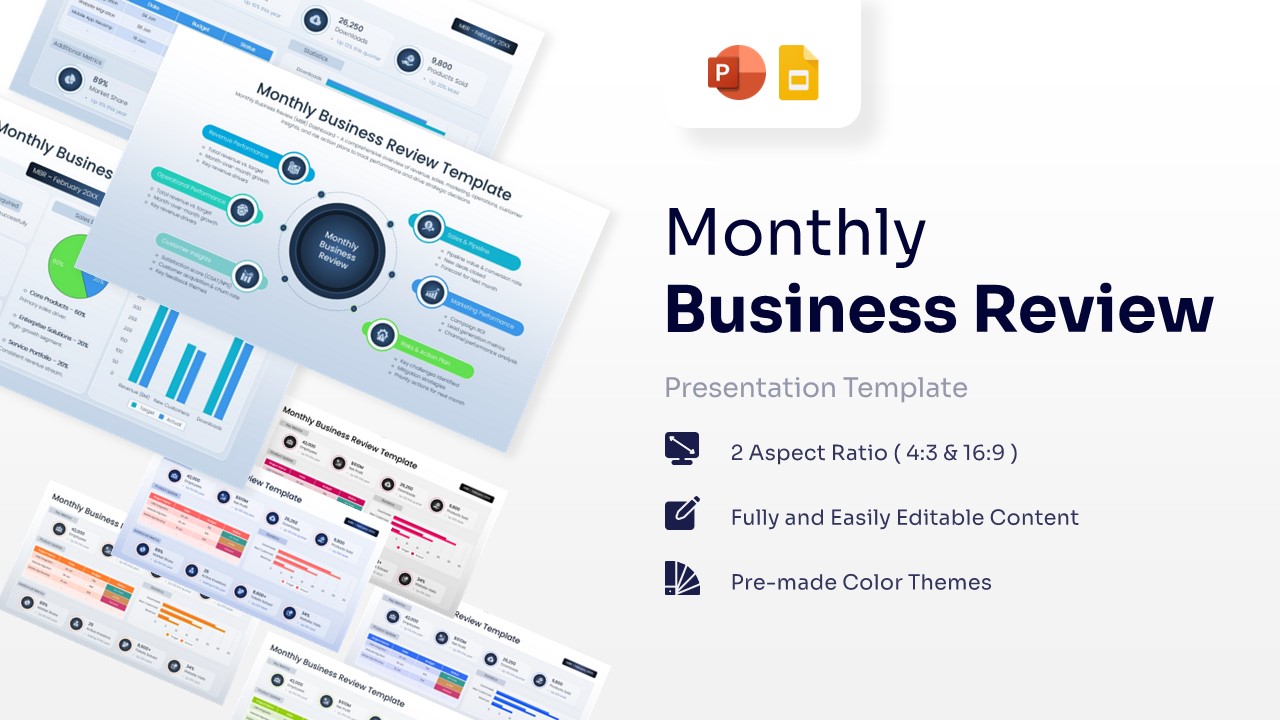 A collection of blue and white Monthly Business Review slides showing KPI dashboards and metrics.