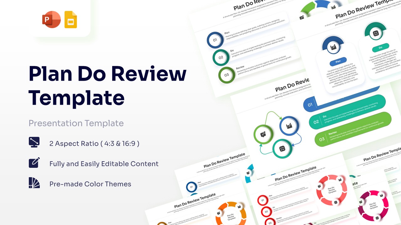 Plan Do Review PowerPoint template showing a three-step circular process with icons for planning, execution, and evaluation.