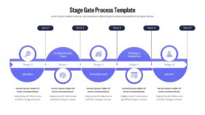 Linear stage-gate roadmap showing the progression from ideation to launch with blue semicircular accents.