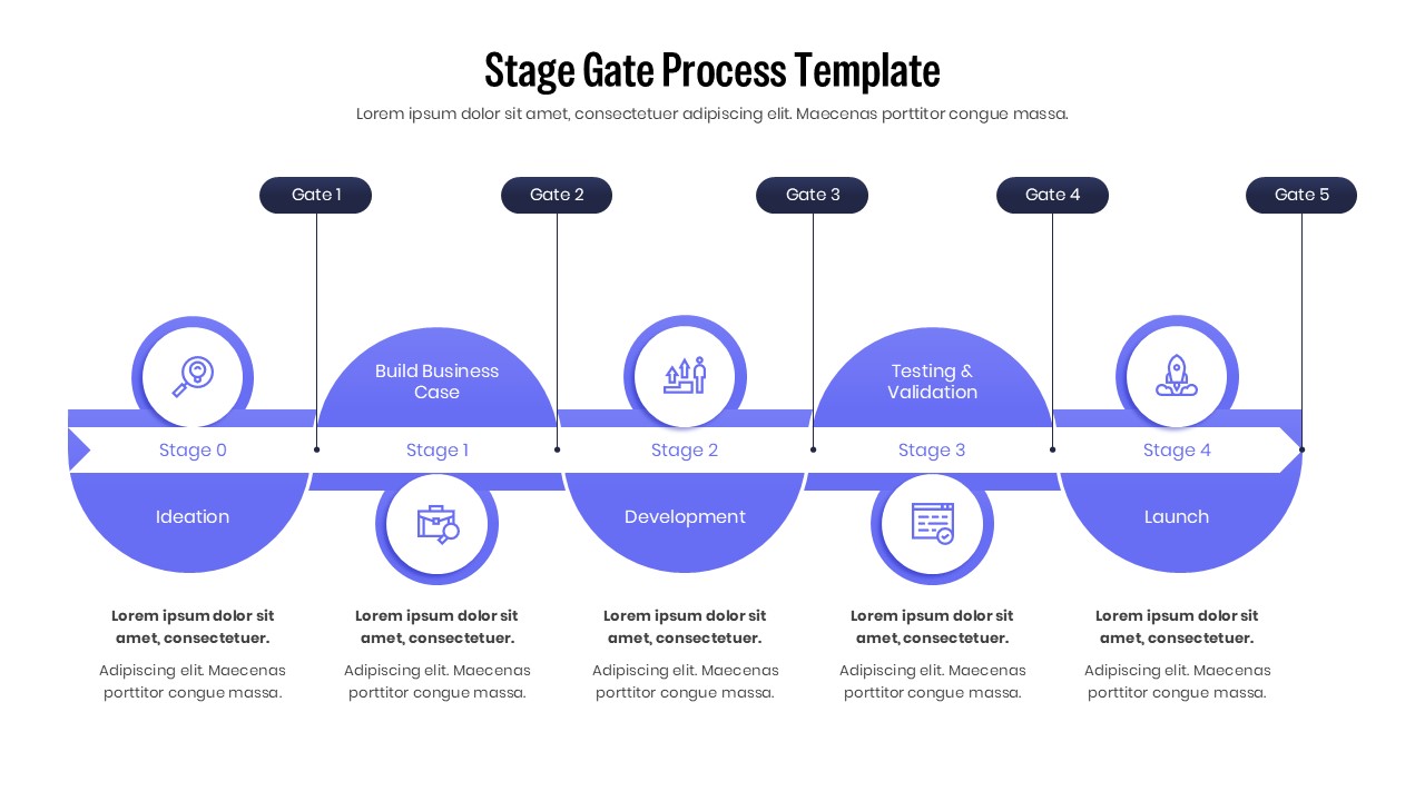 Linear stage-gate roadmap showing the progression from ideation to launch with blue semicircular accents.
