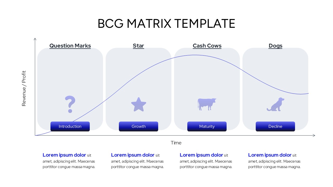 A curved line graph mapping the BCG Matrix categories across Introduction, Growth, Maturity, and Decline.