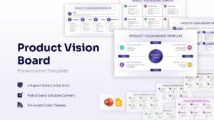 A collection of Product Vision Board templates for PowerPoint and Google Slides showing various layouts including quadrant, column, and multi-section strategy boards in a clean purple and white theme