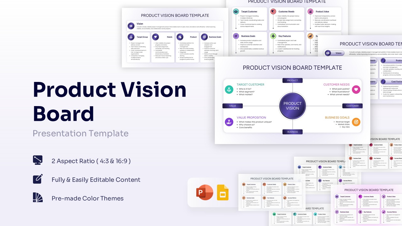 A collection of Product Vision Board templates for PowerPoint and Google Slides showing various layouts including quadrant, column, and multi-section strategy boards in a clean purple and white theme