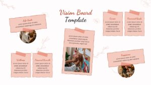 A clean slide layout featuring professional goals, health, and life vision sections with image placeholders.