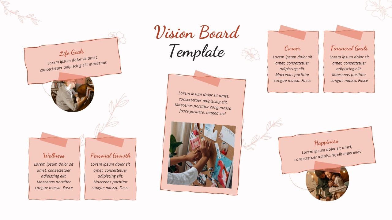 A clean slide layout featuring professional goals, health, and life vision sections with image placeholders.