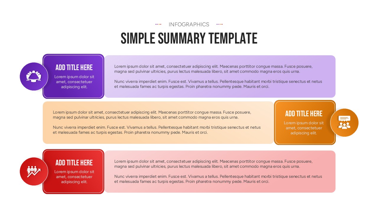 A professional PowerPoint summary slide with four vertical color-coded sections for business descriptions