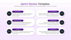 A sprint performance dashboard featuring six cards for tracking sprint goals, statistics, status overview, and impediments.