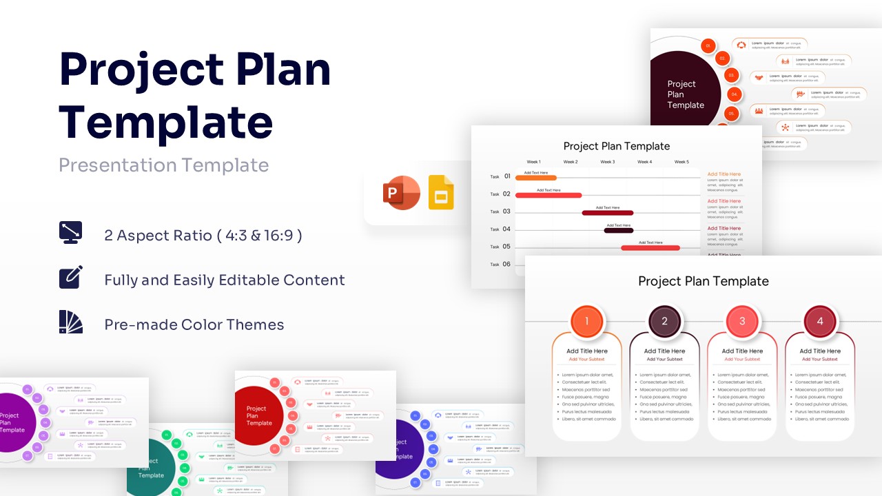 Featured project plan dashboard slide showing a horizontal timeline with five distinct phases and circular icons