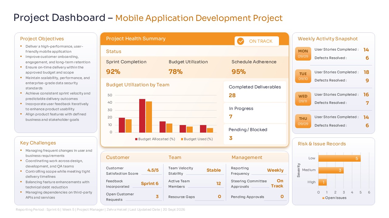 Orange project status dashboard slide detailing project objectives, health summary metrics, and activity snapshots
