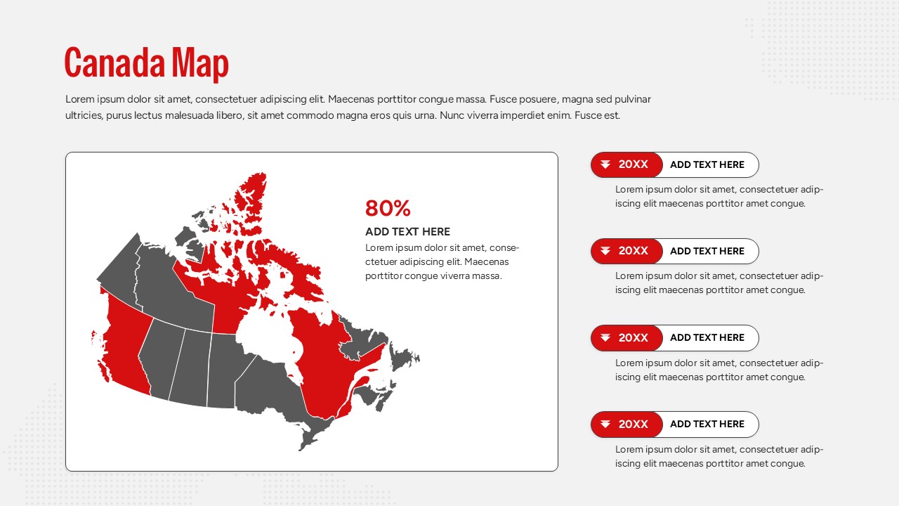 Network-style Canada map slide with red circular icons and connecting lines indicating logistics or regional headquarters.