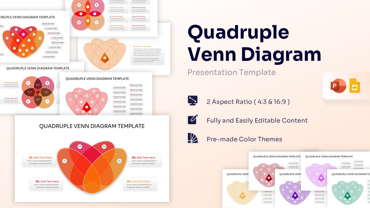 A comprehensive showcase of a Quadruple Venn Diagram template collection featuring various heart-shaped and circular intersection layouts in warm orange, red, and pink tones.