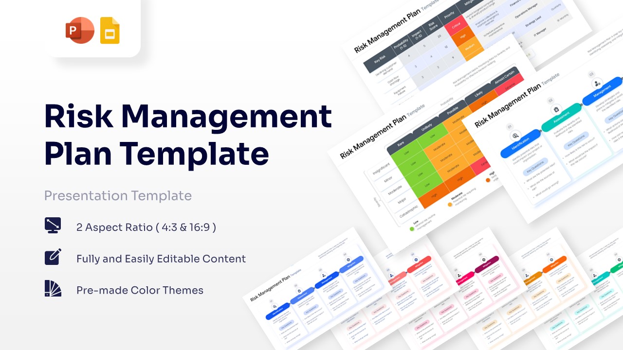 Featured image of a Risk Management Plan template showing various matrix and process slides.