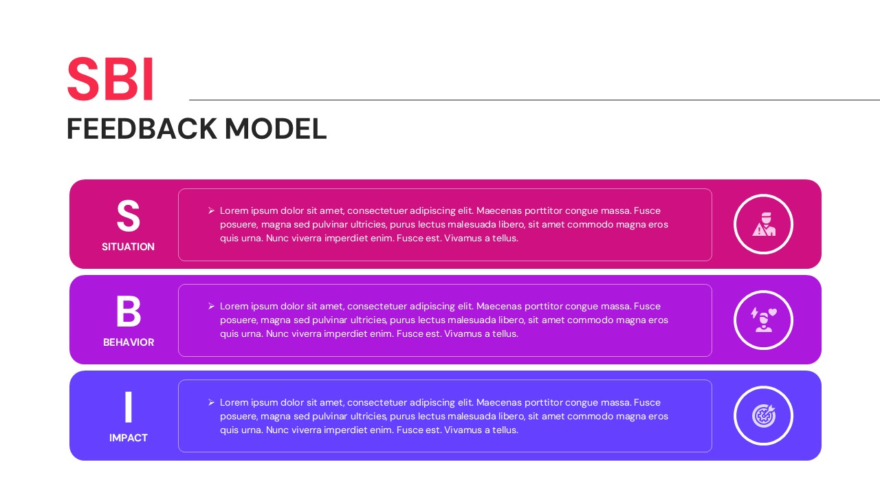 Vertical list layout for SBI feedback steps with distinct icons and descriptive text placeholders