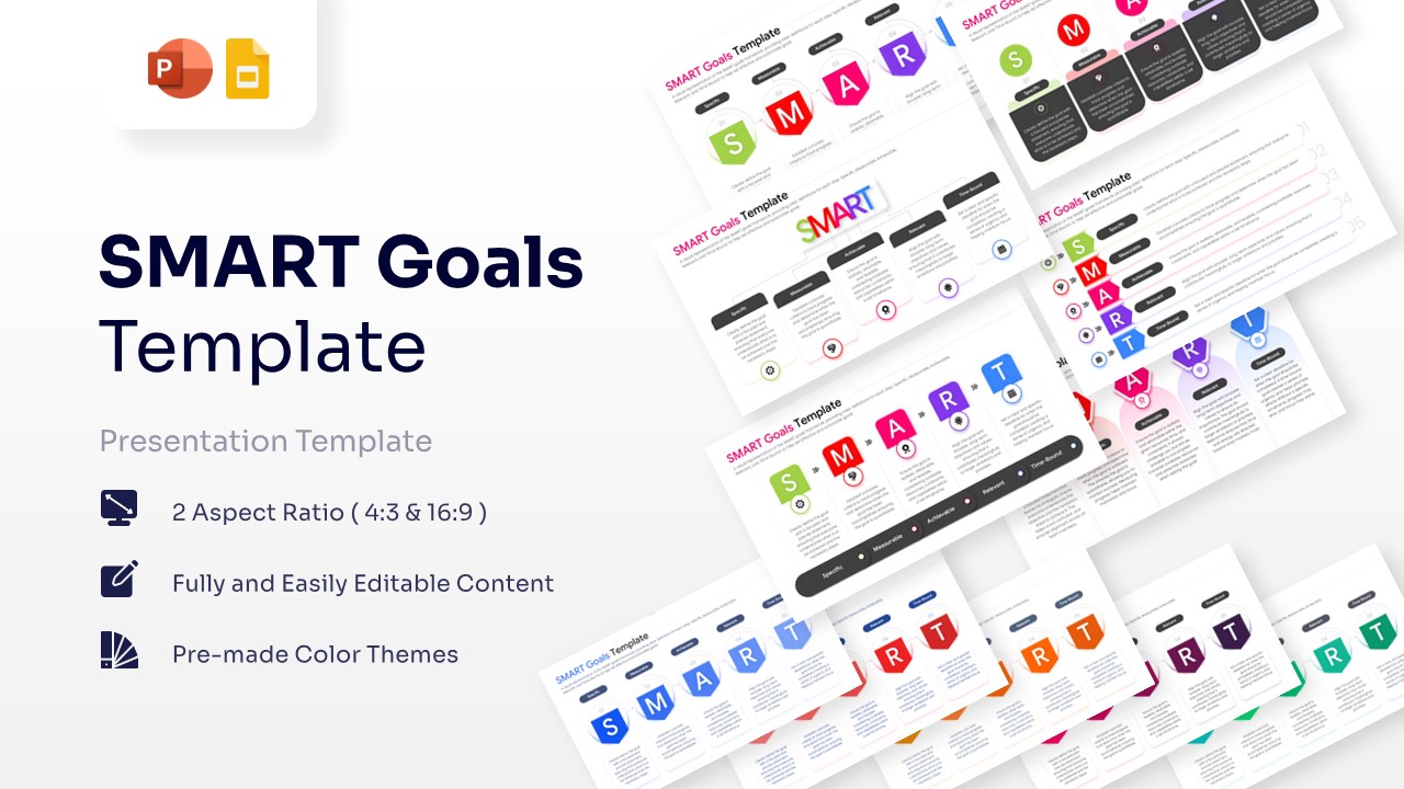 A collection of various SMART Goals Template slides featuring different colorful infographic layouts.