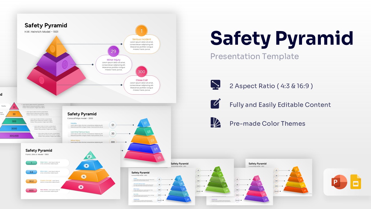 Safety Pyramid Template featured image showing multiple slide layouts including H.W. Heinrich and ConocoPhillips models with colorful triangular tiers.