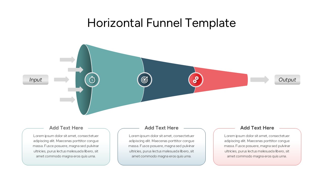 A sleek 4-stage horizontal funnel diagram with icons and text placeholders for process mapping.