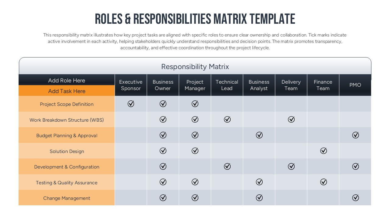 Simplified responsibility matrix using checkmarks to indicate role alignment with specific project tasks