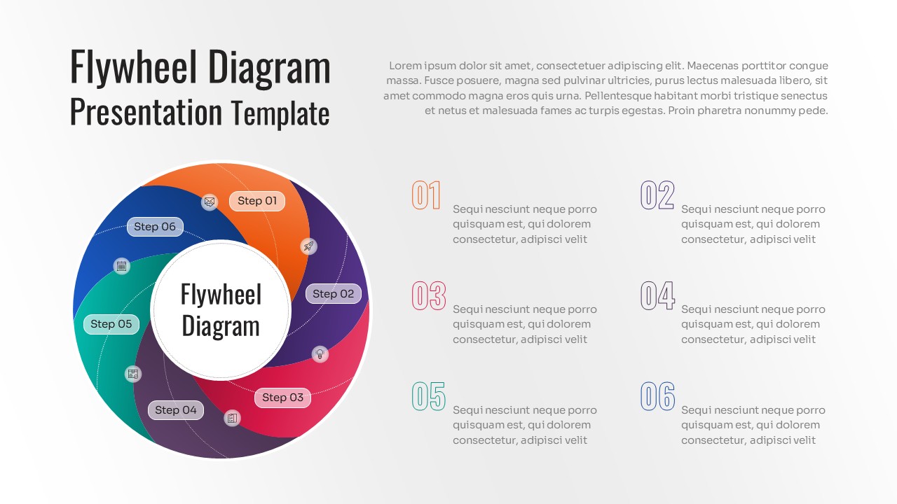 A six-step spiral flywheel infographic with overlapping curved segments in a rainbow color palette, featuring small icons and a large side-aligned numbered list