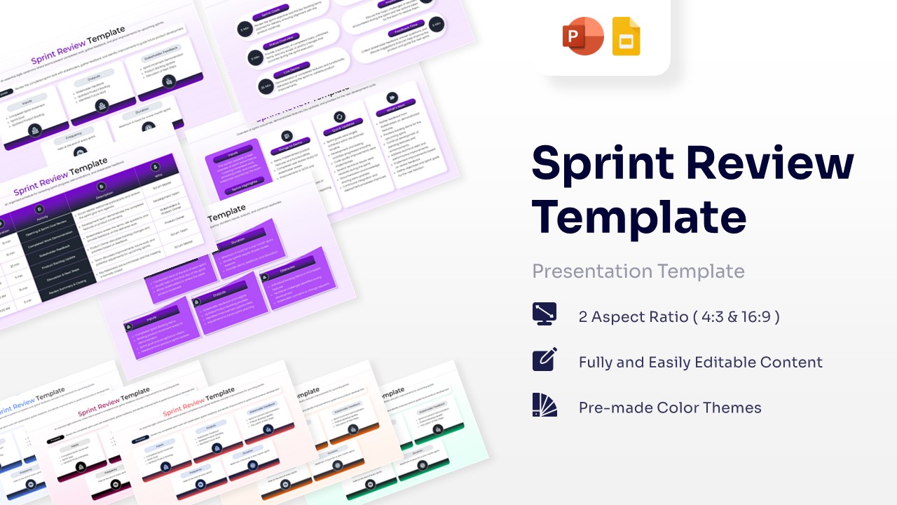 A comprehensive collection of Sprint Review Template slides featuring purple accents, showcasing meeting agendas, data charts, and process flows.
