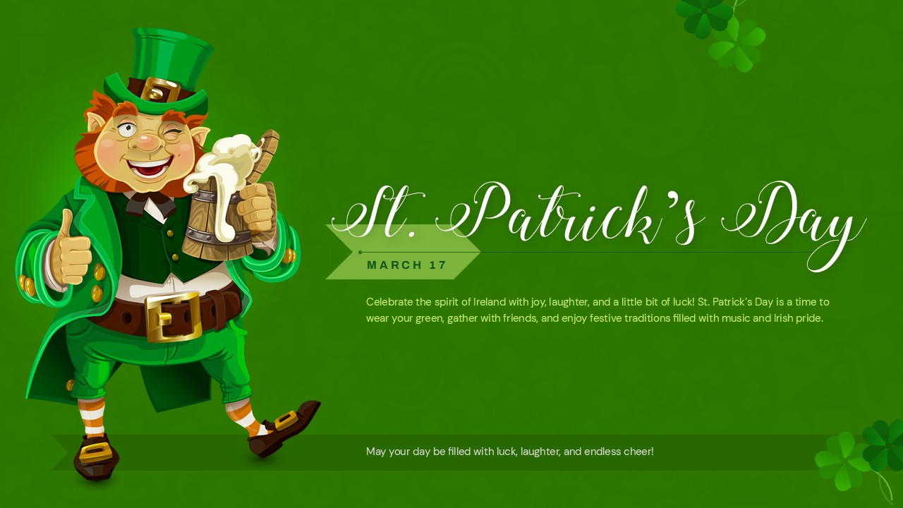 A green presentation background featuring a large leprechaun hat resting on a pot of golden coins