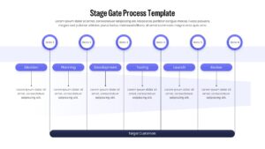Horizontal 6-stage process diagram with circular gate markers and detailed description boxes for ideation, planning, and testing