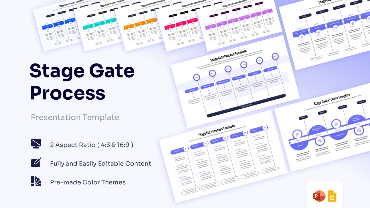 Featured image showing a collection of Stage Gate Process slides with various progress flows and gate criteria tables in blue and purple