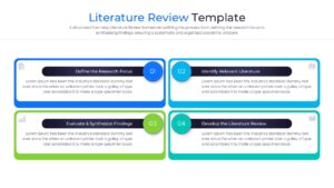 A collection of literature review slides showing various layouts including circular nodes and rectangular text boxes in multiple colors