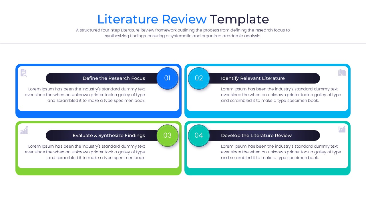 A collection of literature review slides showing various layouts including circular nodes and rectangular text boxes in multiple colors