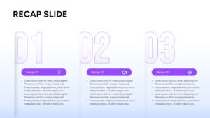 Three-column presentation recap layout with large outline numbers, icons, and bulleted text summaries.