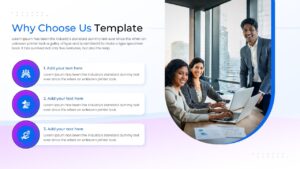 Vertical three-step Why Choose Us slide with circular blue and purple gradient icons and text placeholders.