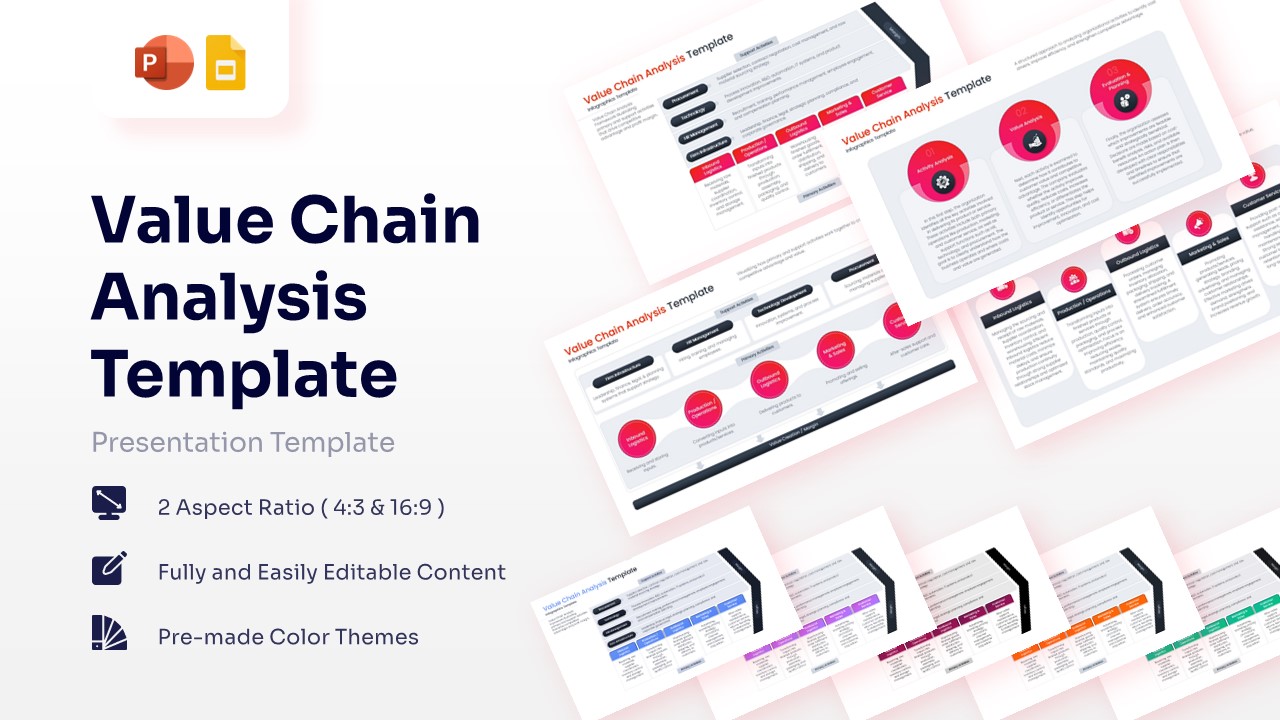 Value Chain Analysis PowerPoint slide showing Porter's model with primary and support activities in a red and dark grey theme
